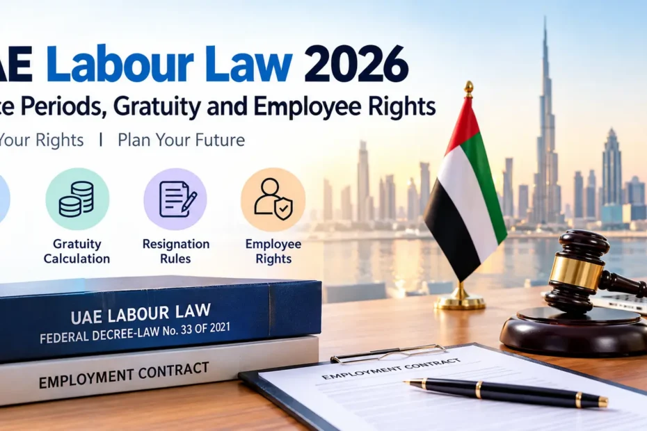 UAE Labour Law 2026 guide explaining notice periods, gratuity, and employee rights